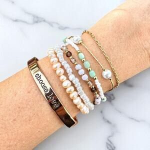 Luxe Bracelet Stack Faux Pearl Love Cuff Neutral Pastel Minimalist Dainty Girly